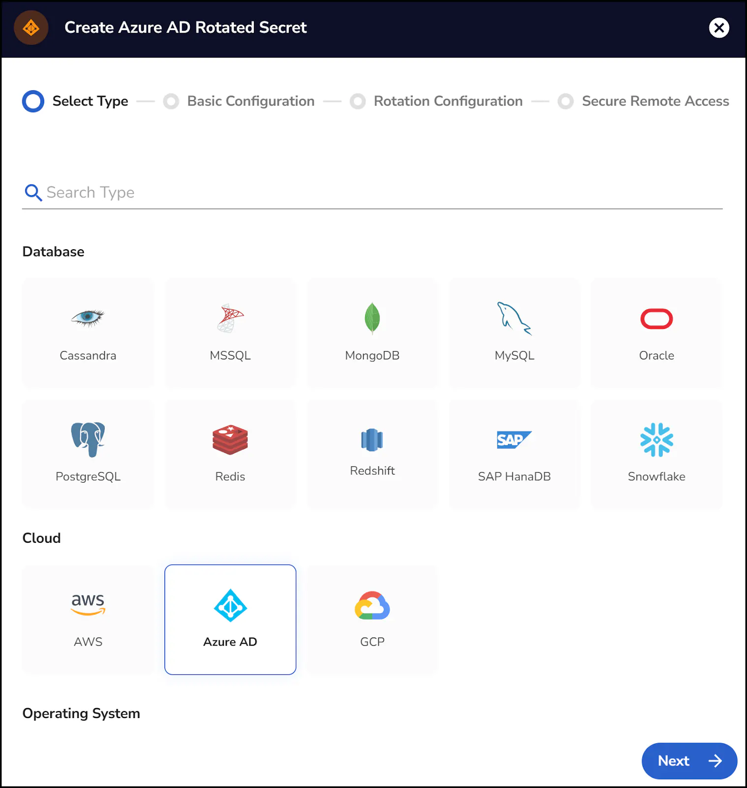 Akeyless platform interface showing the Create Azure AD Rotated Secret wizard with database, cloud, and operating system target options