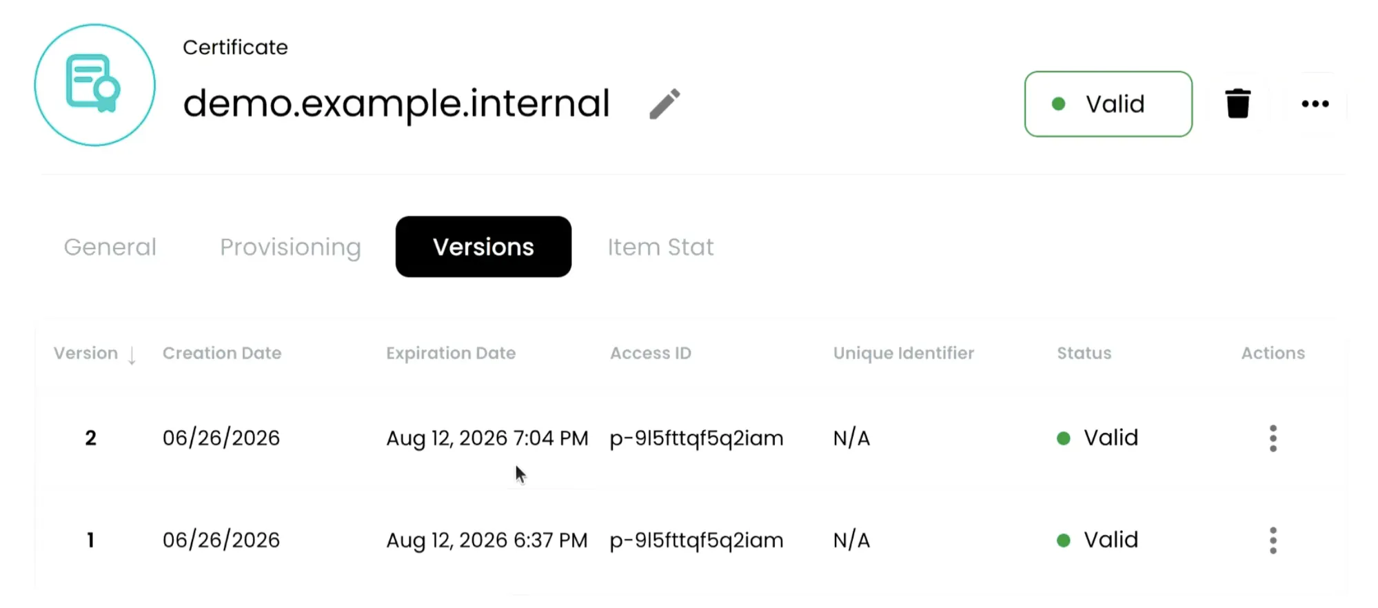 The certificate Versions tab showing version 2 and version 1, both valid, minutes apart