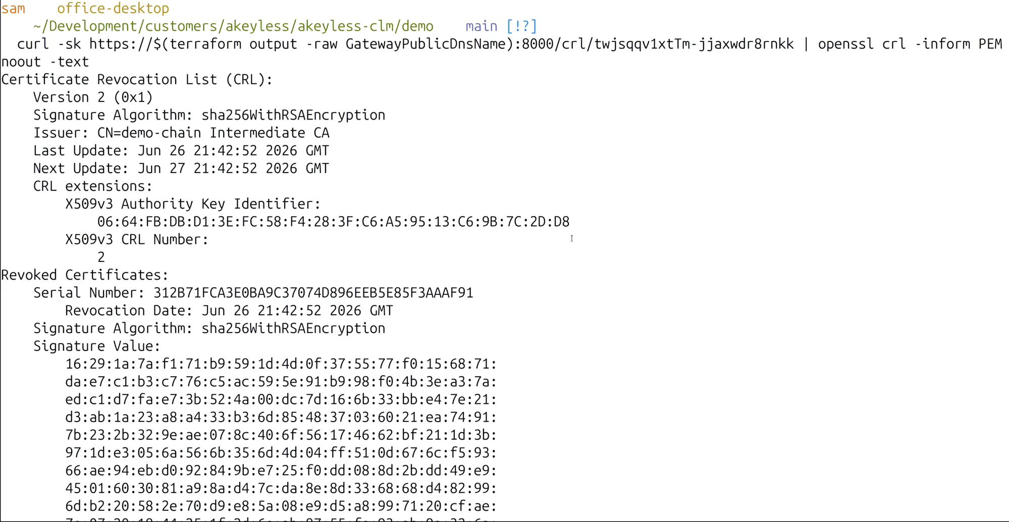 The CRL output showing the revoked serial in the Revoked Certificates section