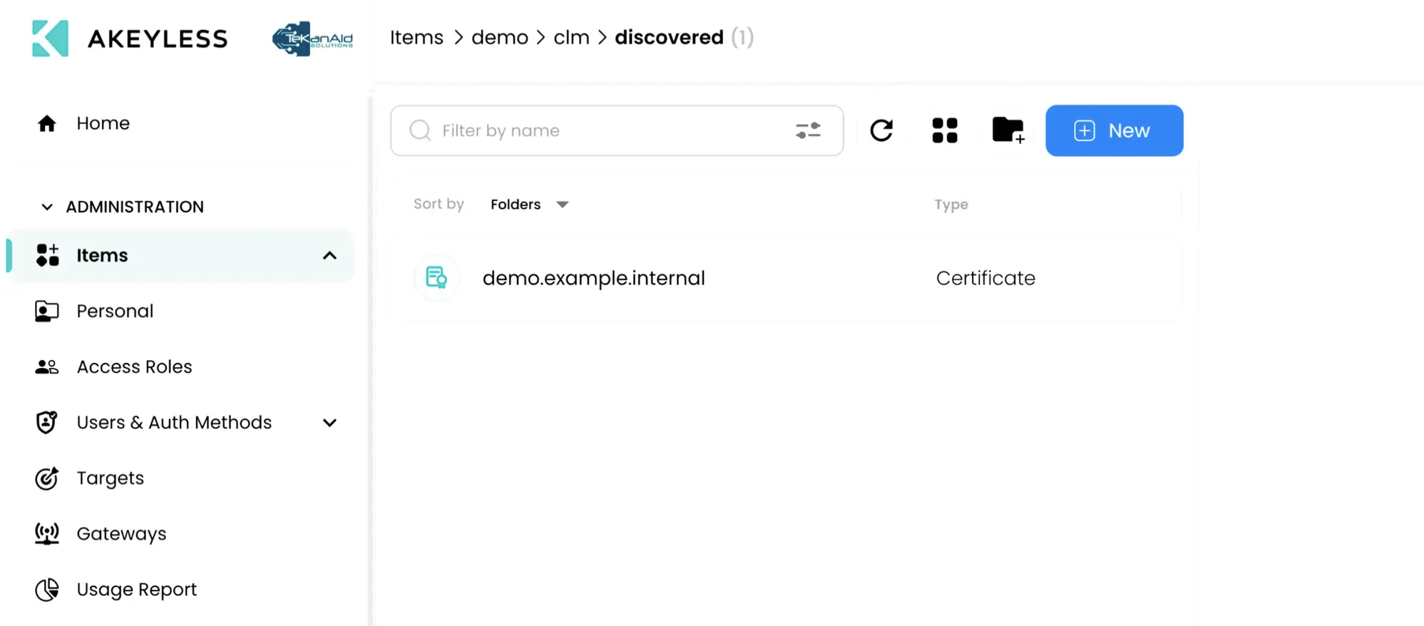 The discovered certificate in the Akeyless console, under Items > demo > clm > discovered