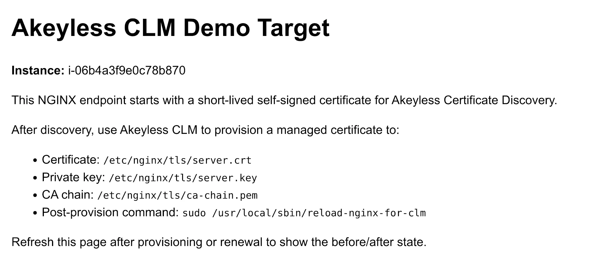 The NGINX demo target page showing the unmanaged self-signed starting state