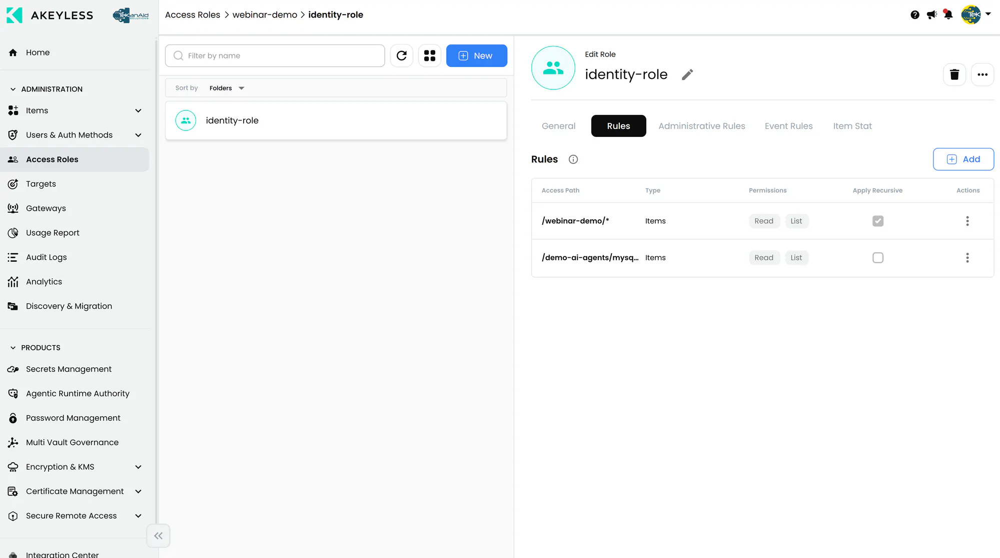Akeyless access role rules showing read and list permissions on the /webinar-demo/* path