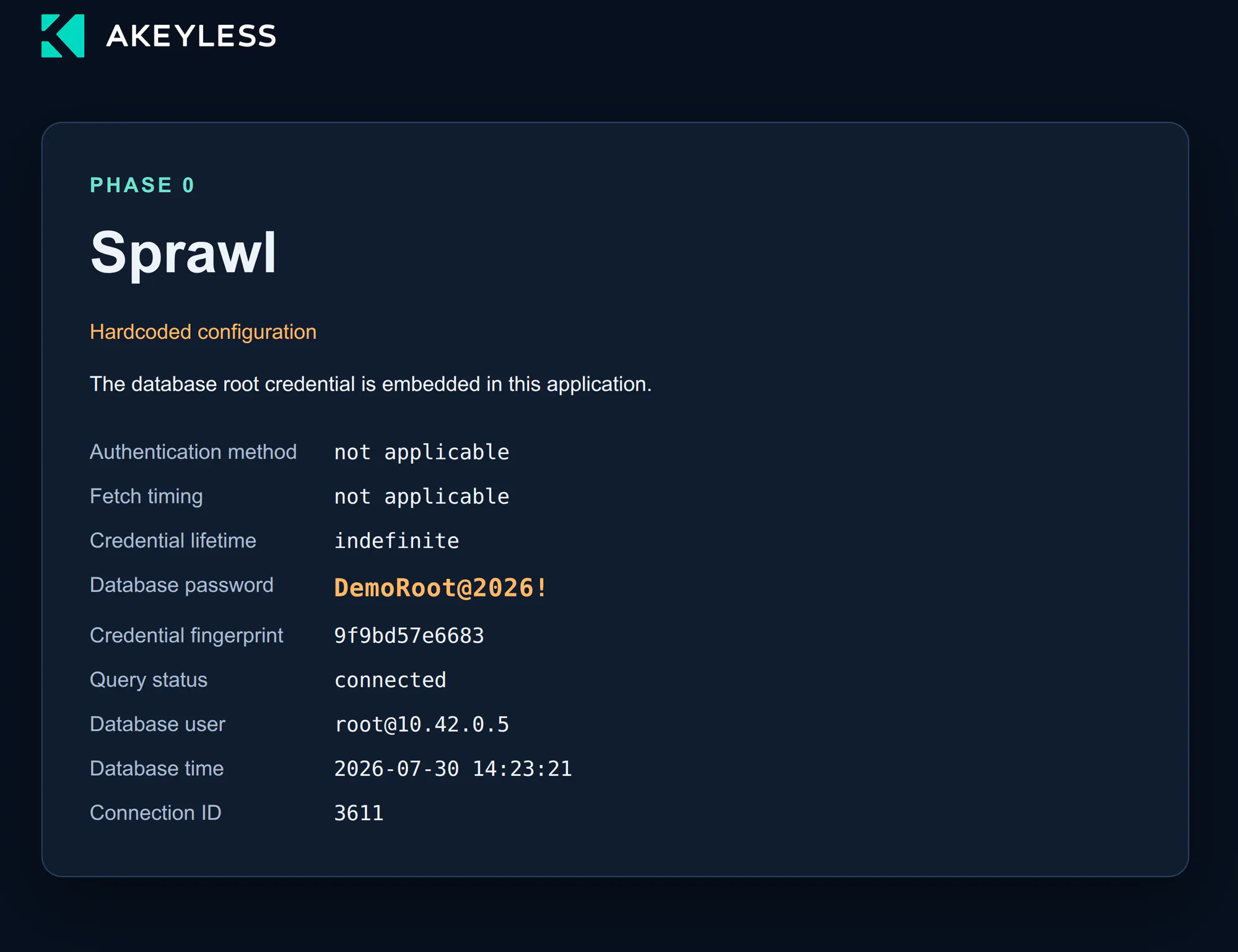 Phase 0 Sprawl page showing hardcoded configuration, authentication method not applicable, credential lifetime indefinite, the plaintext database password DemoRoot@2026!, and database user root