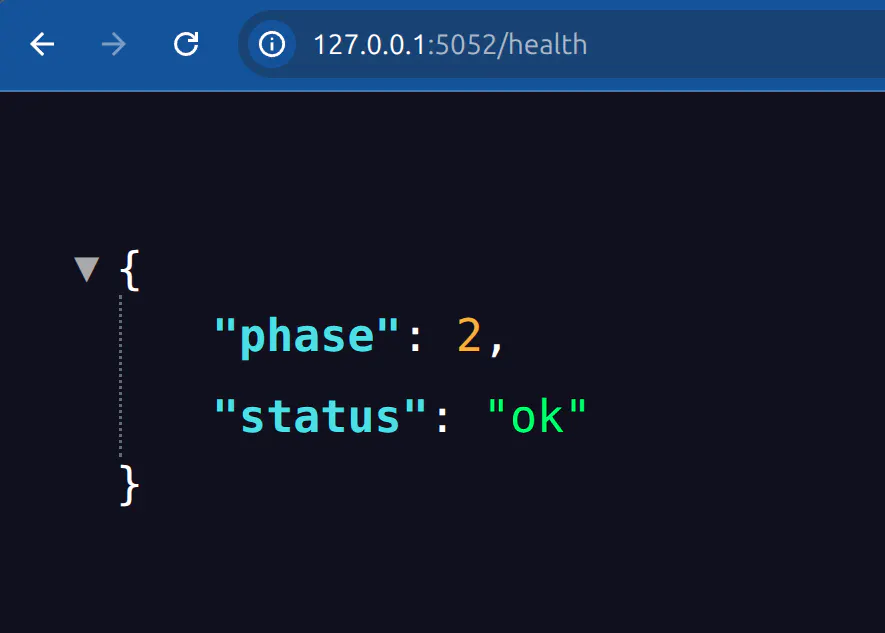 The Phase 2 health endpoint at 127.0.0.1:5052/health returning phase 2 and status ok