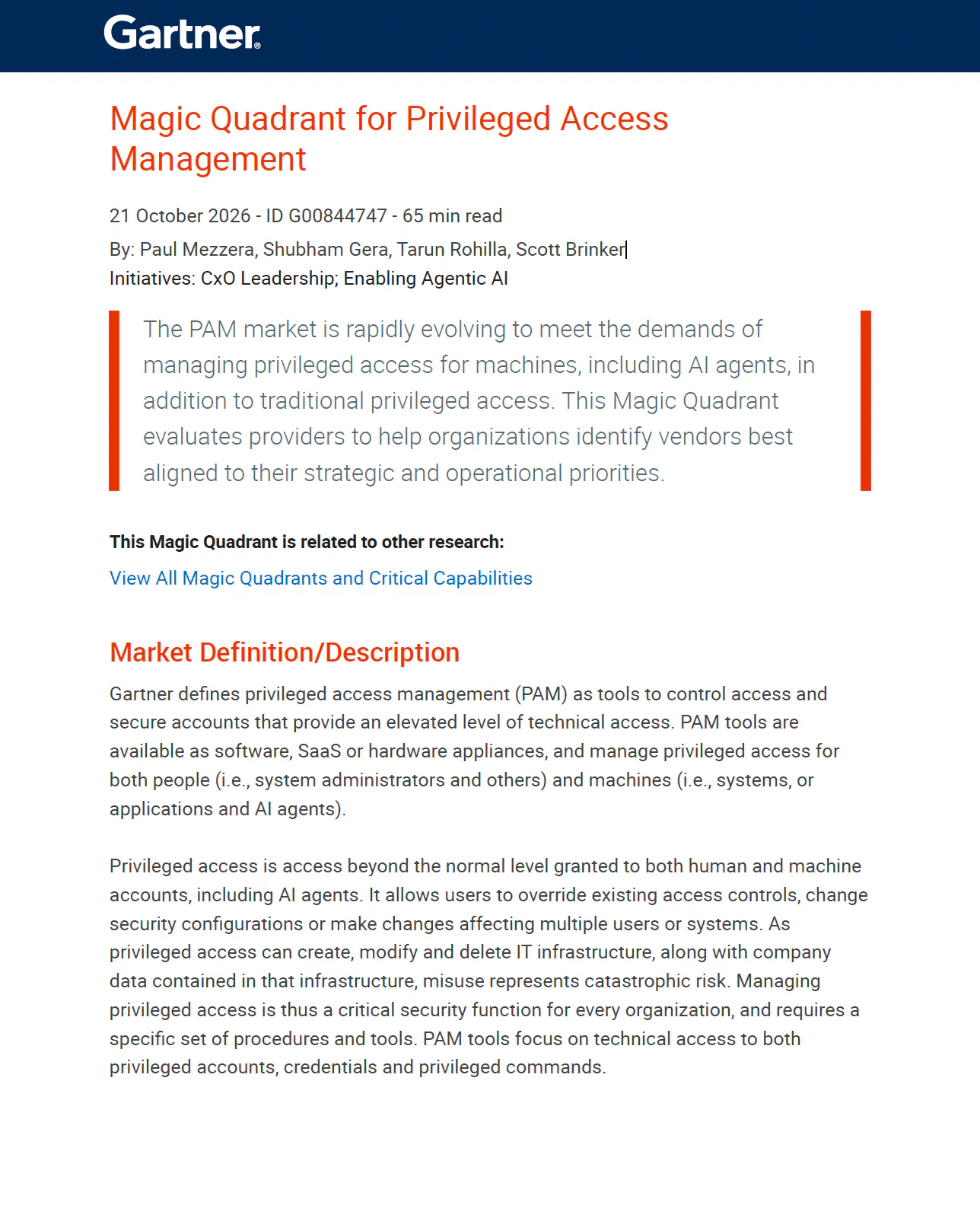 Cover of the Gartner Magic Quadrant for Privileged Access Management report, 21 October 2026