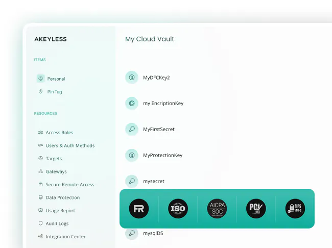 Akeyless vault with FedRAMP, ISO, AICPA SOC, PCI DSS and FIPS 140-3 compliance badges